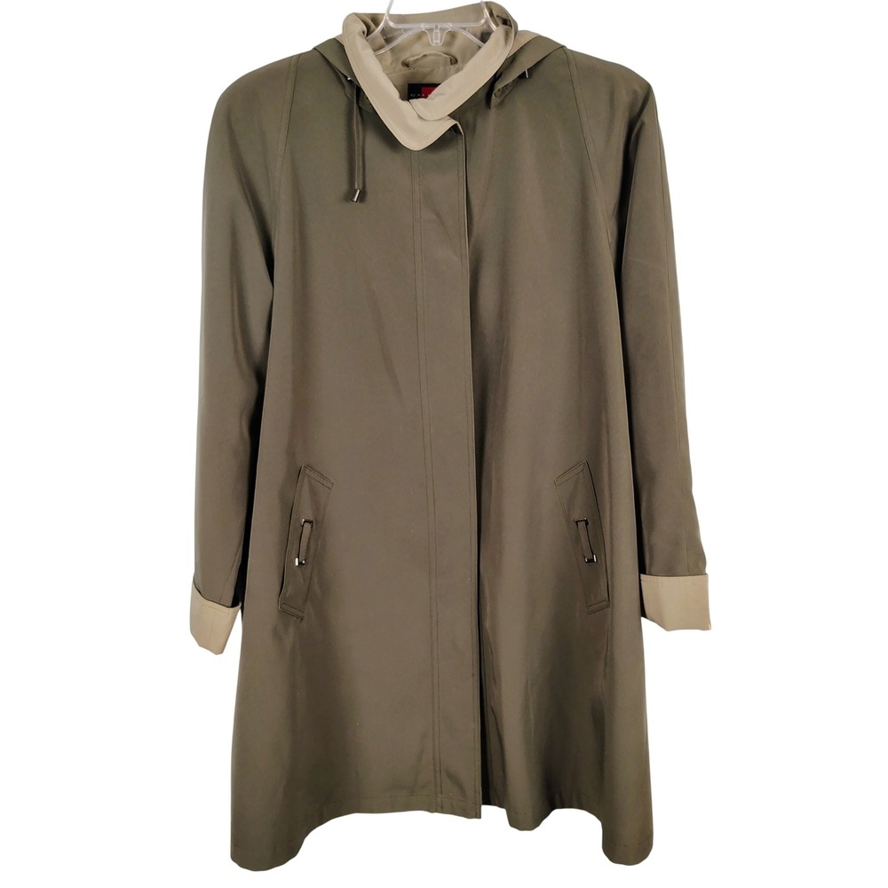 Gallery Womens L Hooded Raincoat Olive Green Tan Minimalist Gorpcore Trench